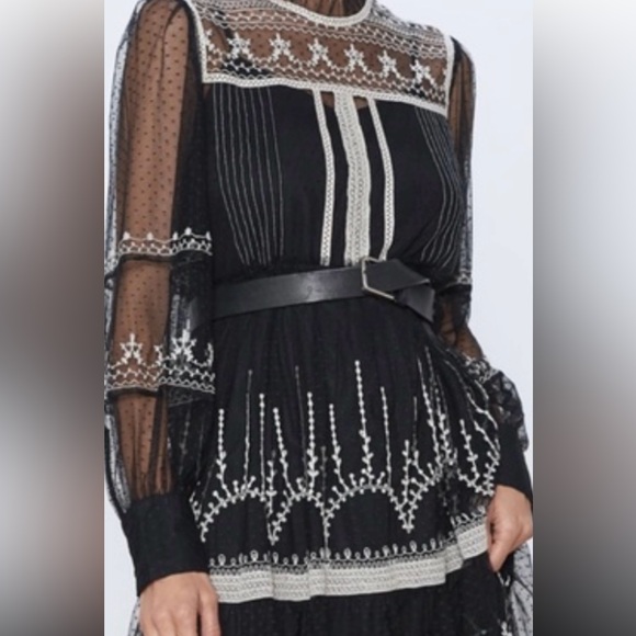 Zara Black and White embroidered Long Sleeve tule maxi Dress Sz XXL - Picture 2 of 16